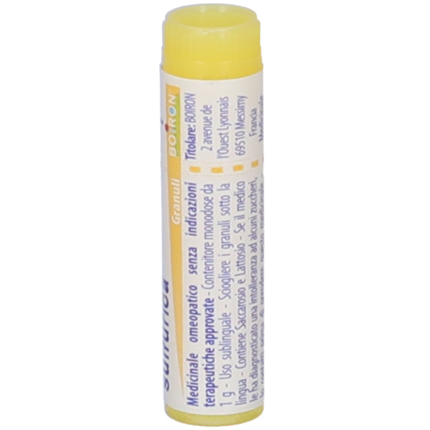 Contenitore cilindrico giallo con etichetta bianca. Scritta: Calcarea sulfurica, BOIRON. Indirizzo: 2 avenue de l'Ouest Lyonnais, Francia.