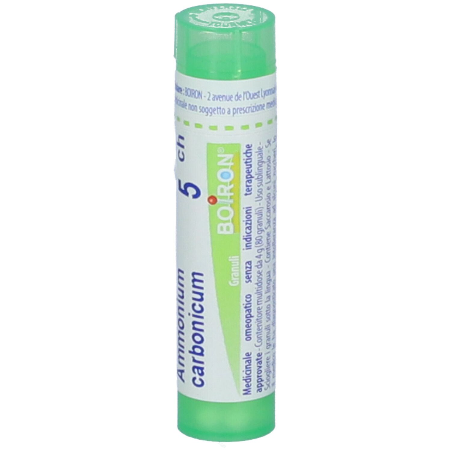 Confezione cilindrica verde. Scritta: Ammonium carbonicum, 5 ch, Granuli, Boiron. Informazioni sul prodotto.