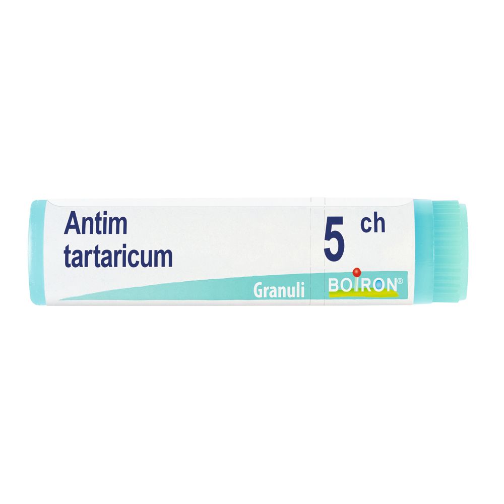 Confezione cilindrica con "Antim tartaric" e "5 ch". Marchio BOIRON® visibile. Granuli.