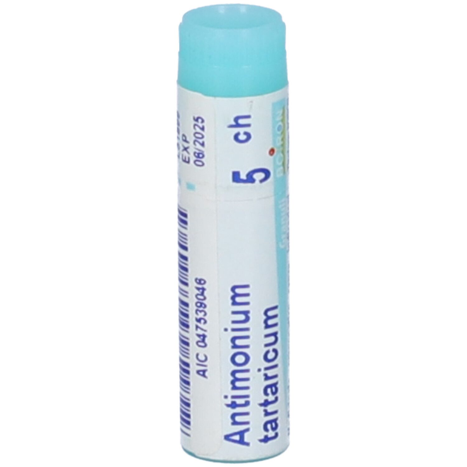 Confezione cilindrica con "Antimonium tartaricum 5 ch". Codice a barre e scadenza 06/2025.