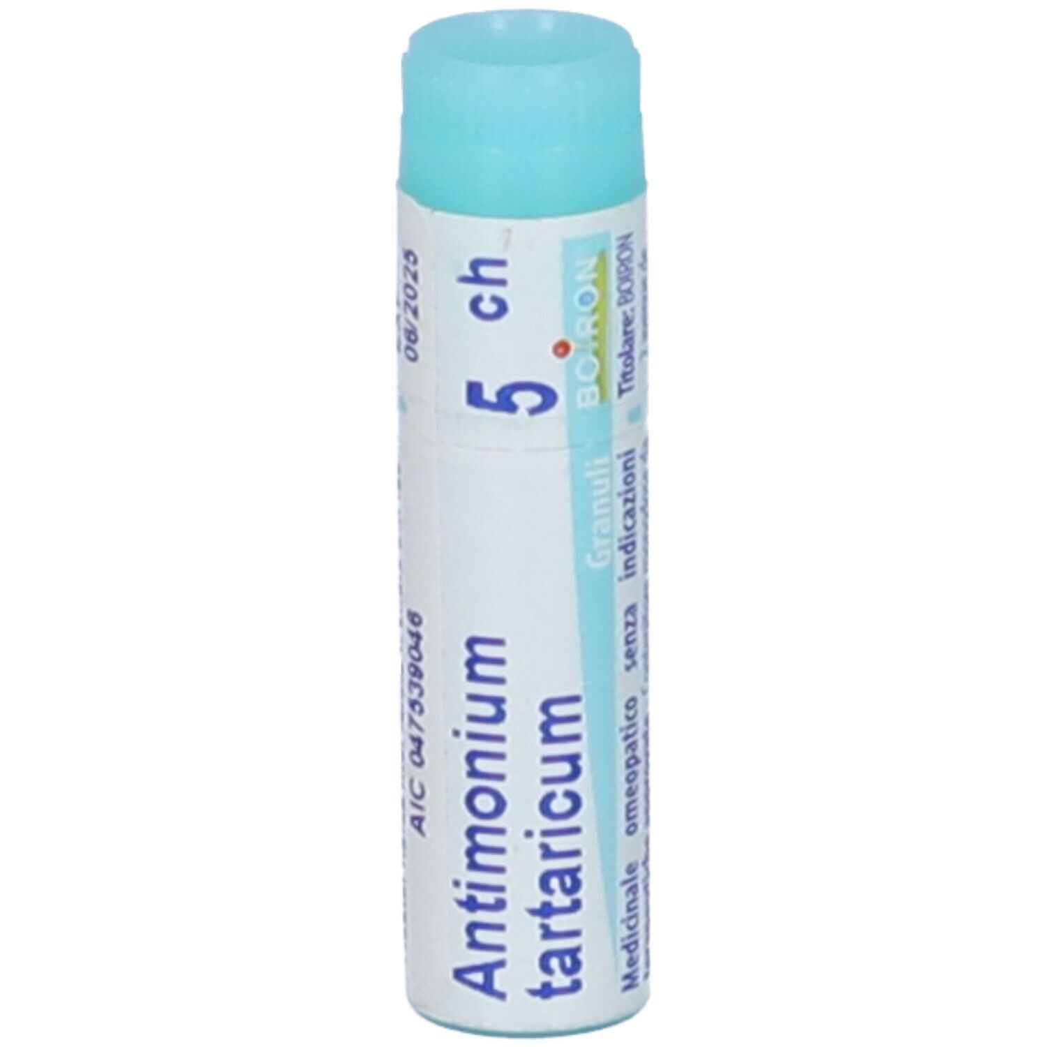 Confezione cilindrica con "Antimonium tartaricum 5 ch". Codice a barre e scadenza 06/2025.