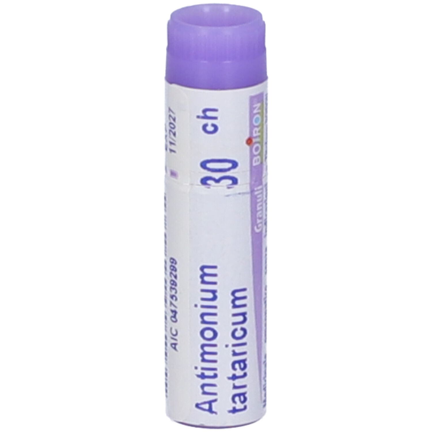 Confezione cilindrica "Antimonium tartaricum 30 ch". Tappo viola. Scritta e logo "BOIRON".