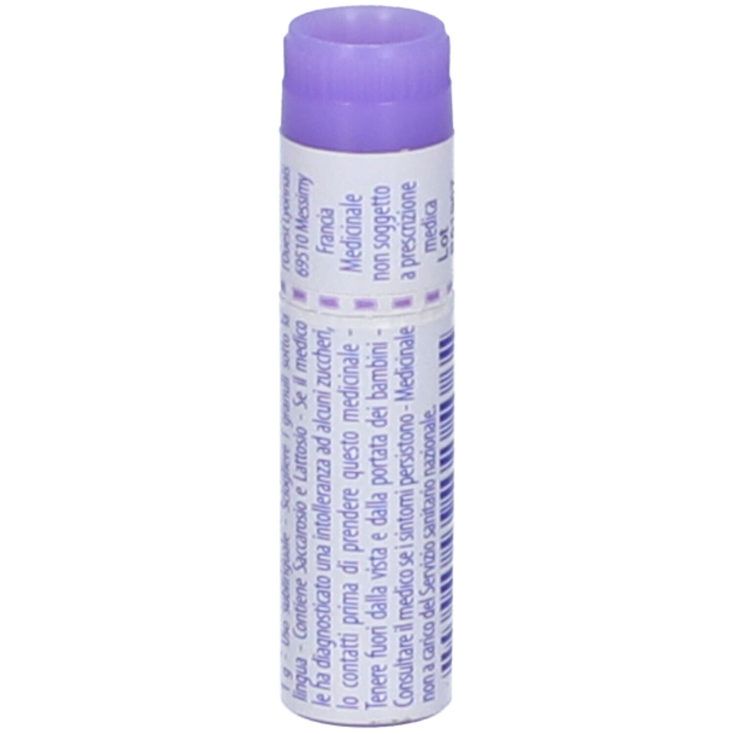 Confezione cilindrica "Antimonium tartaricum 30 ch". Tappo viola. Dettaglio con testo.