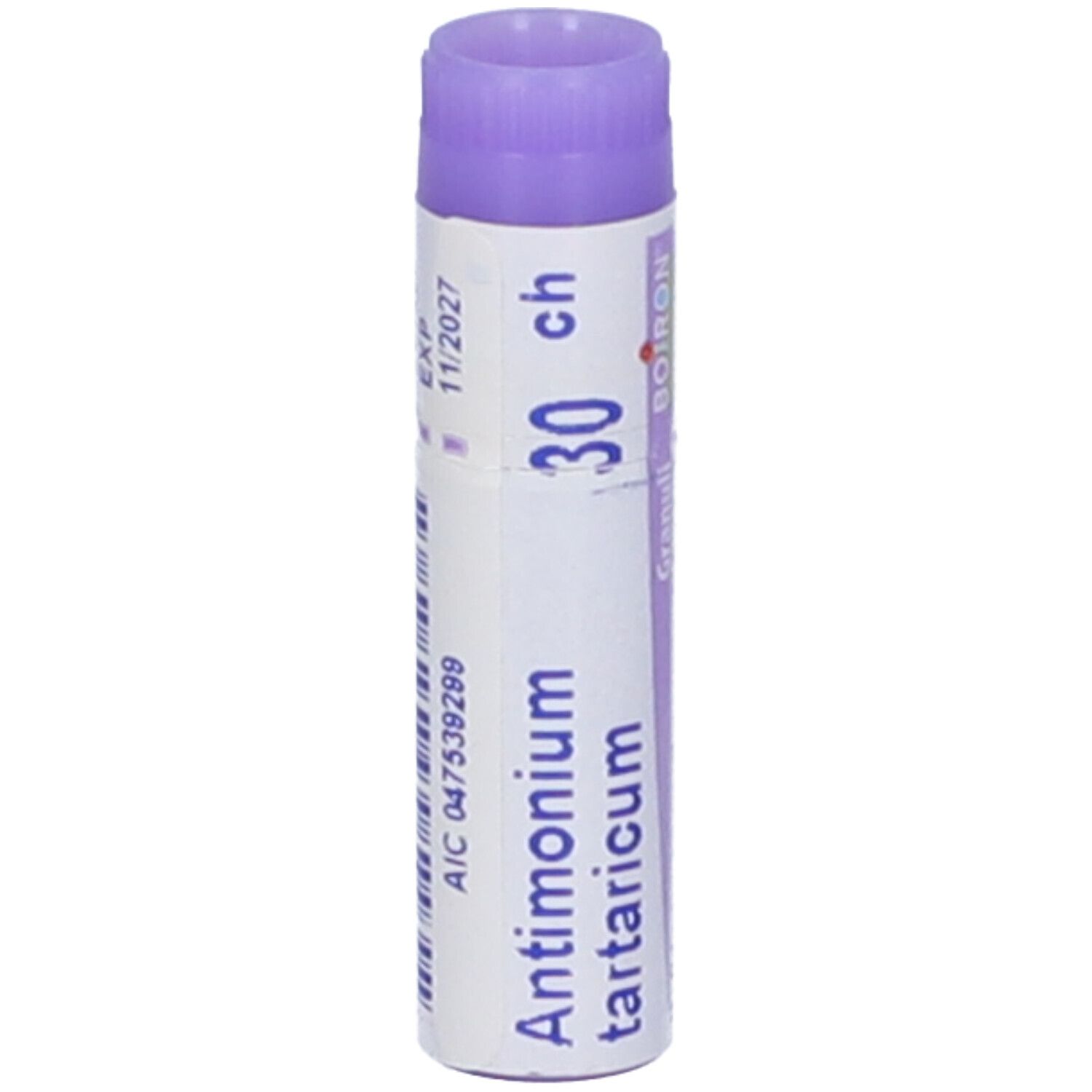 Confezione cilindrica "Antimonium tartaricum 30 ch". Tappo viola. Dettaglio con testo.