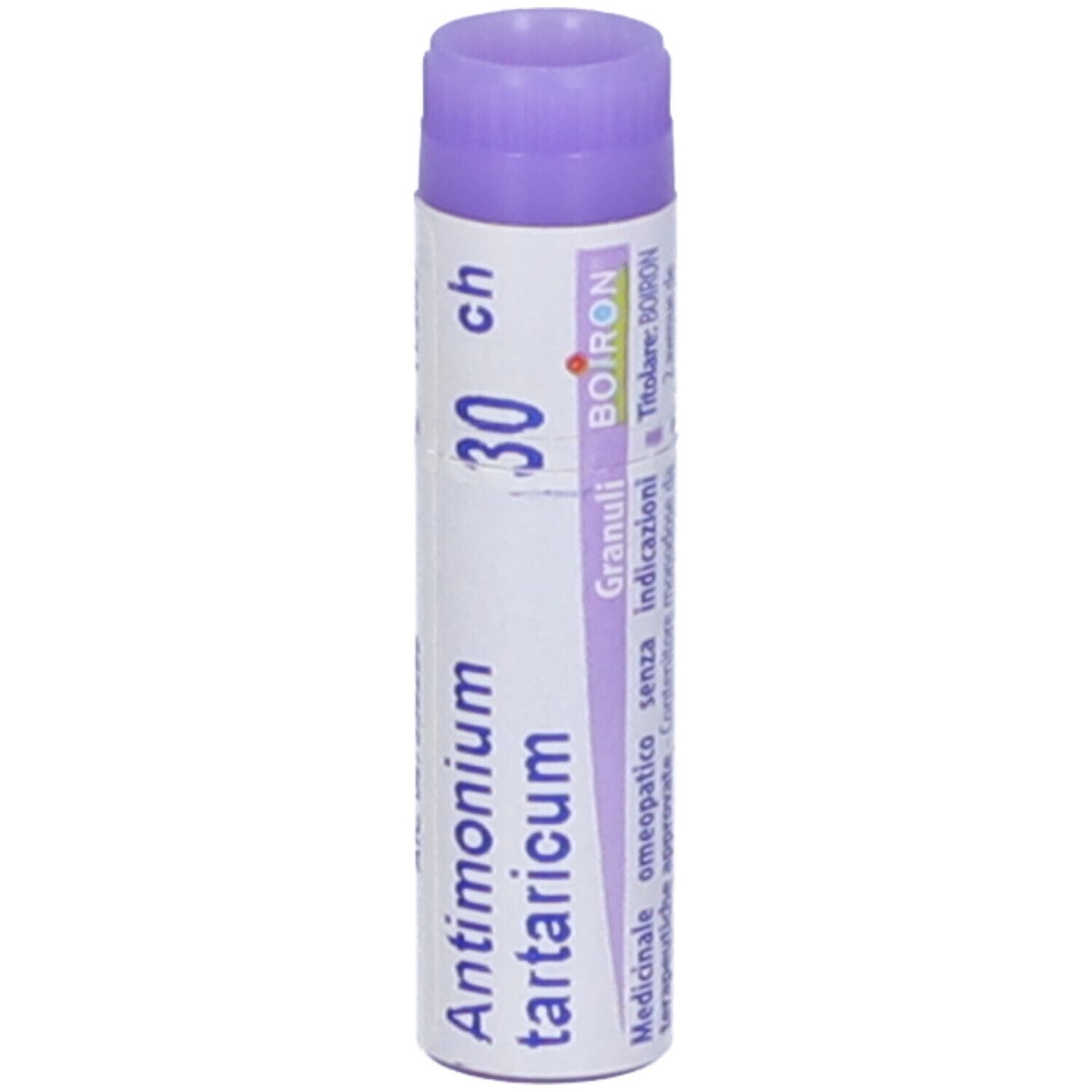 Confezione cilindrica "Antimonium tartaricum 30 ch". Tappo viola. Dettaglio con testo.