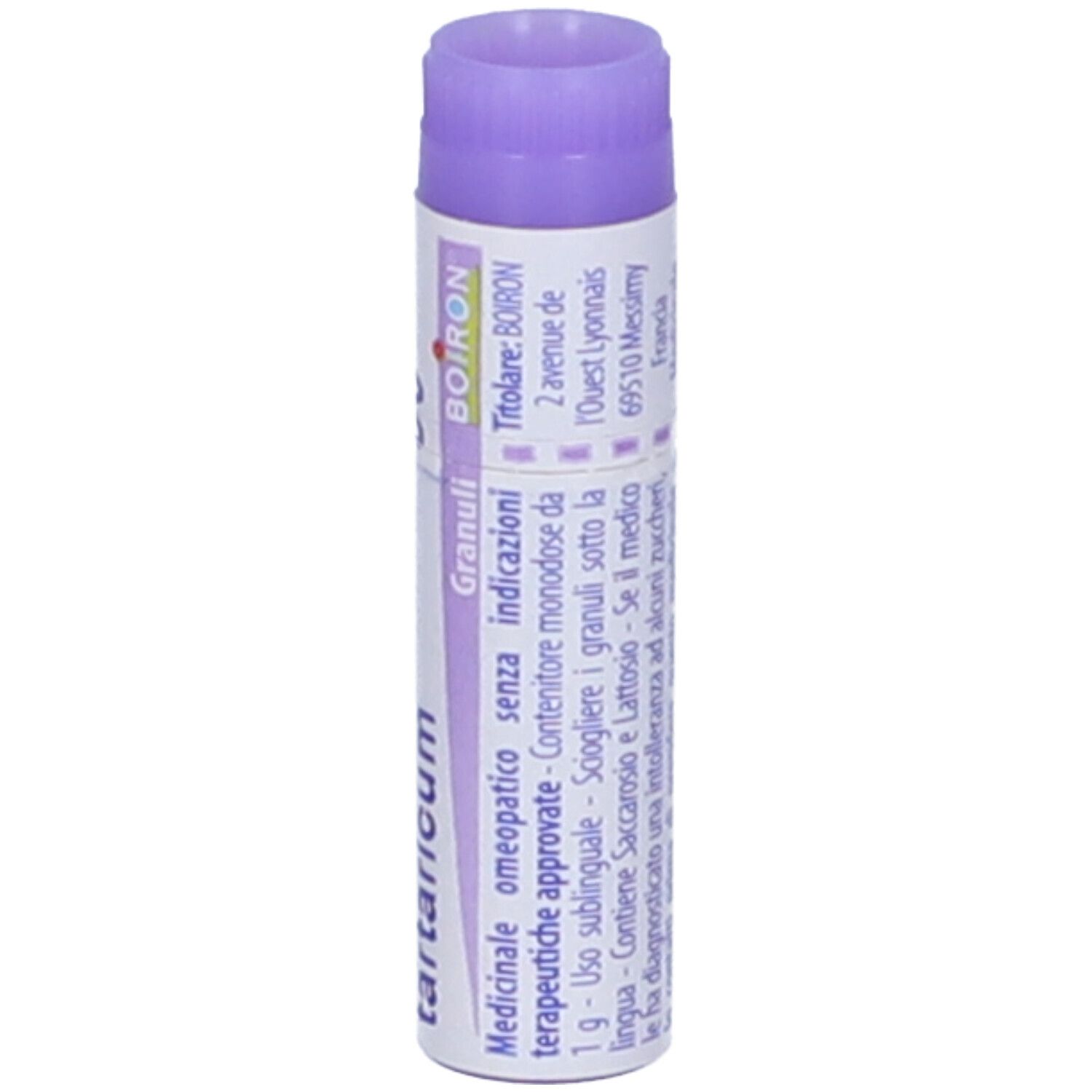 Confezione cilindrica "Antimonium tartaricum 30 ch". Tappo viola. Dettaglio con testo.