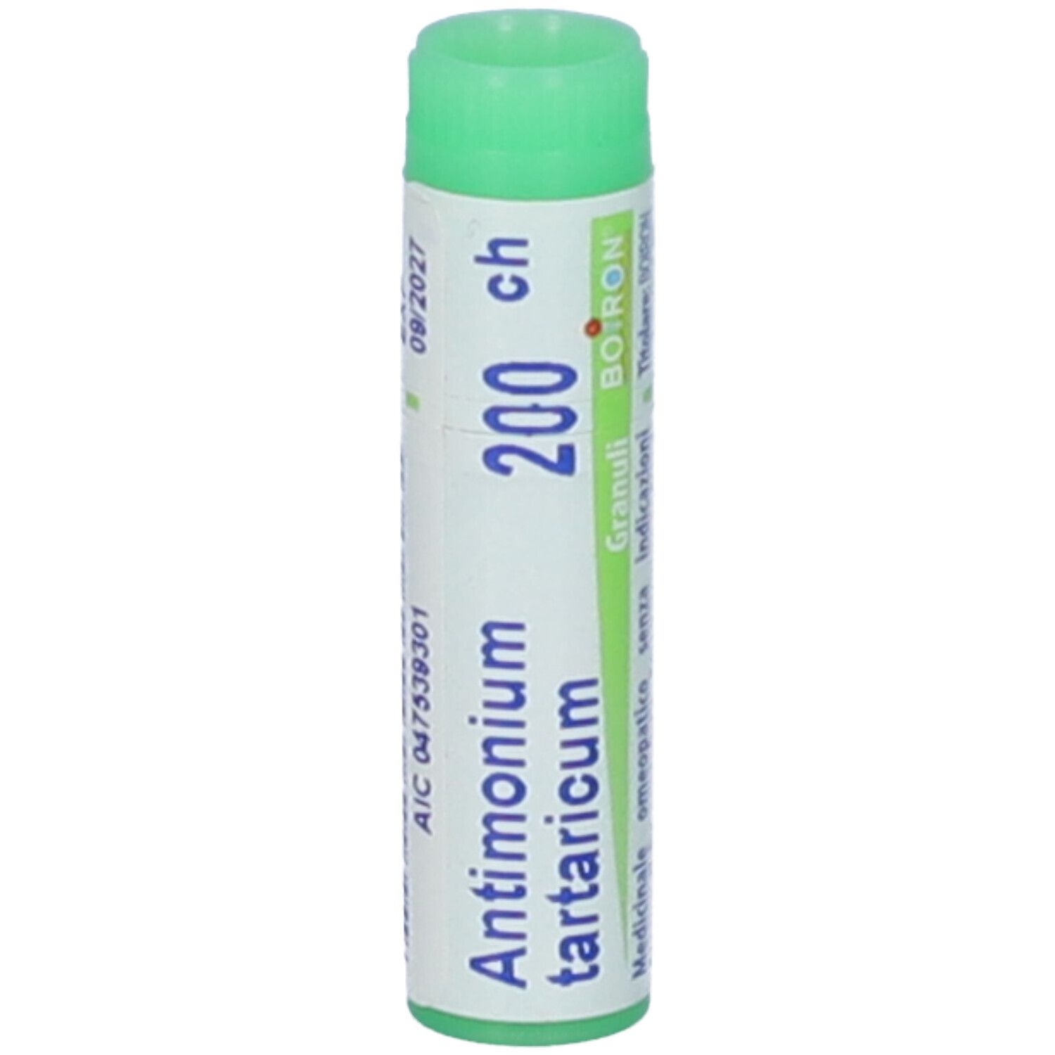 Tappo verde su confezione bianca. Scritta: Antimonium tartaricum 200 ch, Granuli, Boiron. Scadenza 09/2027.