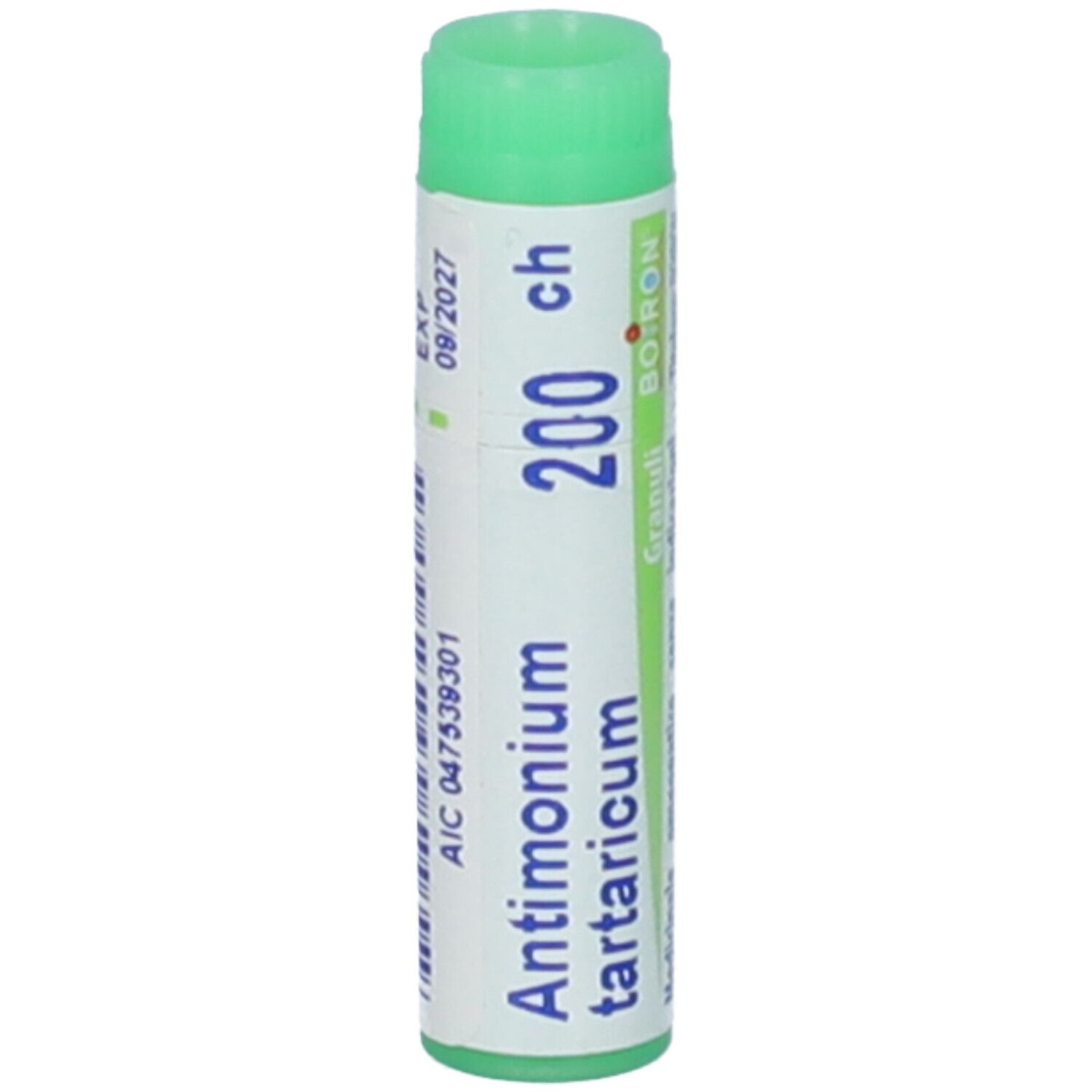 Tappo verde su confezione bianca. Scritta: Antimonium tartaricum 200 ch, Granuli, Boiron. Scadenza 09/2027.