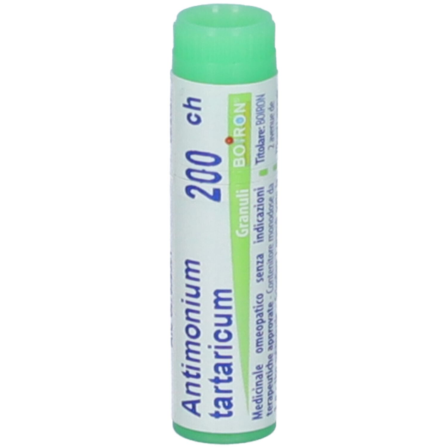 Tappo verde su confezione bianca. Scritta: Antimonium tartaricum 200 ch, Granuli, Boiron.
