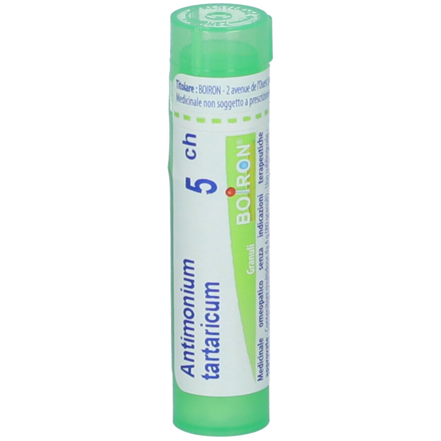 Confezione cilindrica verde. Scritta: Antimonium tartaricum 5 ch, BOIRON. Coperchio verde in alto.