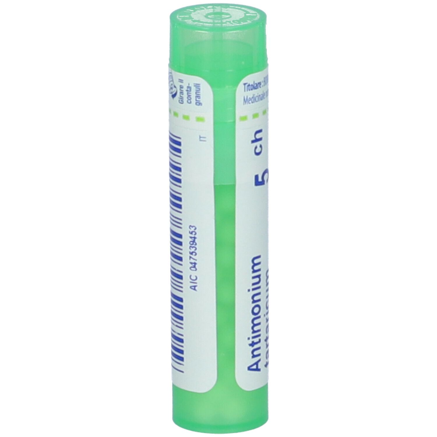 Confezione cilindrica verde. Scritta: Antimonium tartaricum 5 ch. Codice a barre e altre informazioni.