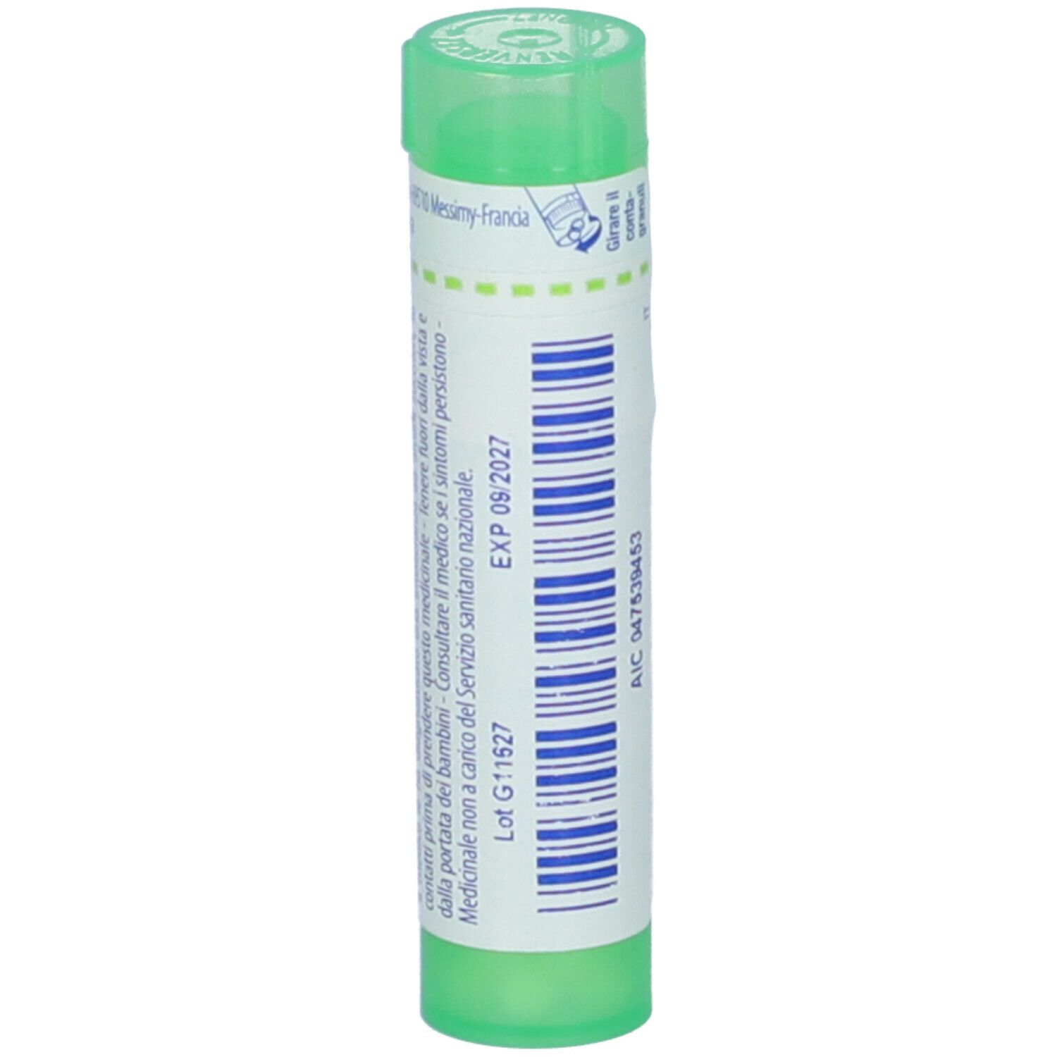 Confezione cilindrica verde. Scritta: Antimonium tartaricum 5 ch. Scadenza 09/2027.