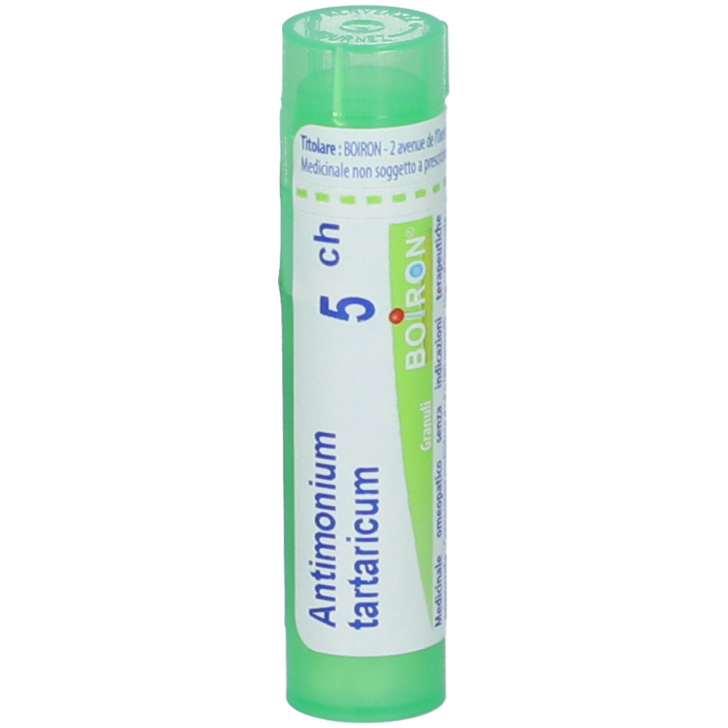 Confezione cilindrica verde. Scritta: Antimonium tartaricum 5 ch, BOIRON. Punto rosso.