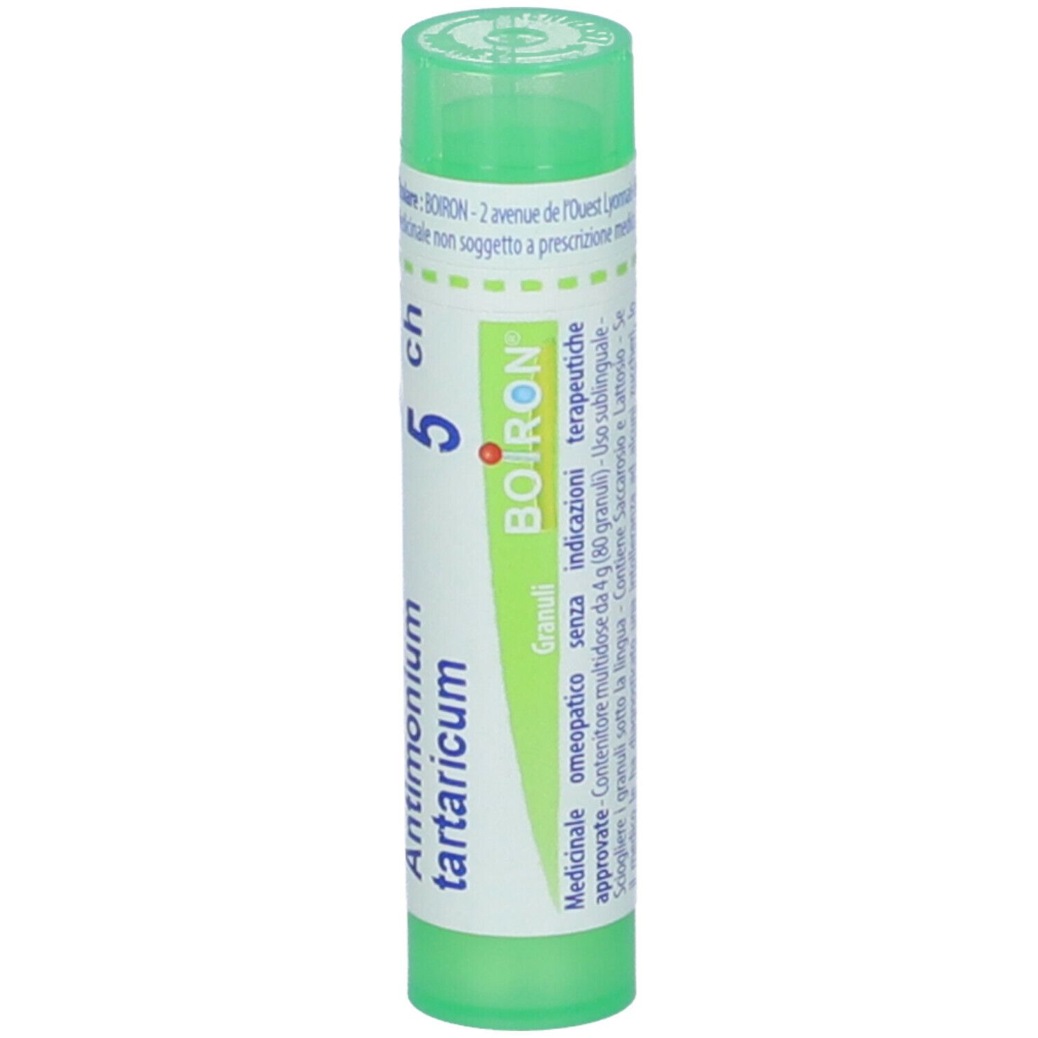 Confezione cilindrica verde. Scritta: Antimonium tartaricum 5 ch, BOIRON. Informazioni aggiuntive.