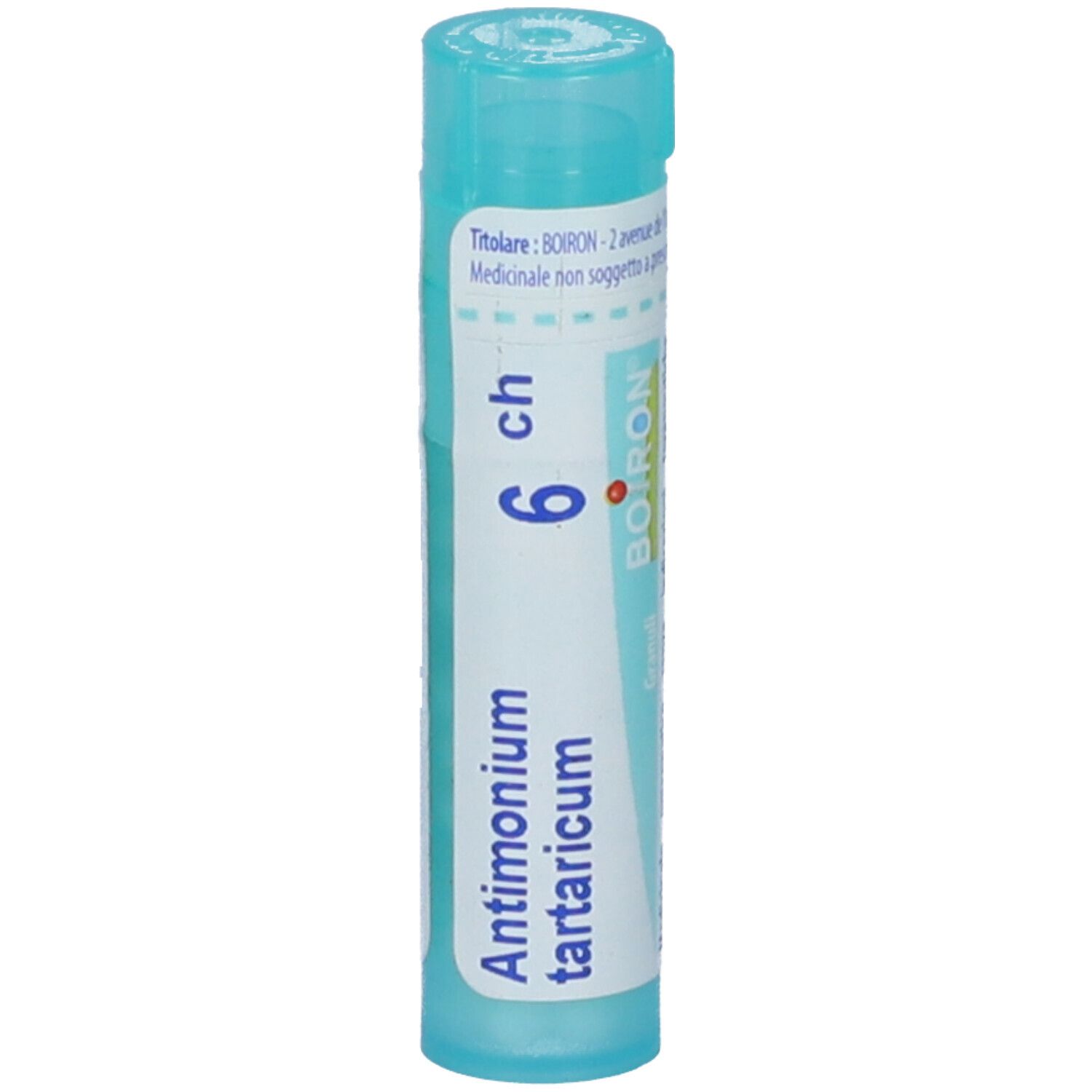 Tubo cilindrico blu. Scritta: Antimonium tartaricum 6 ch, BOIRON.