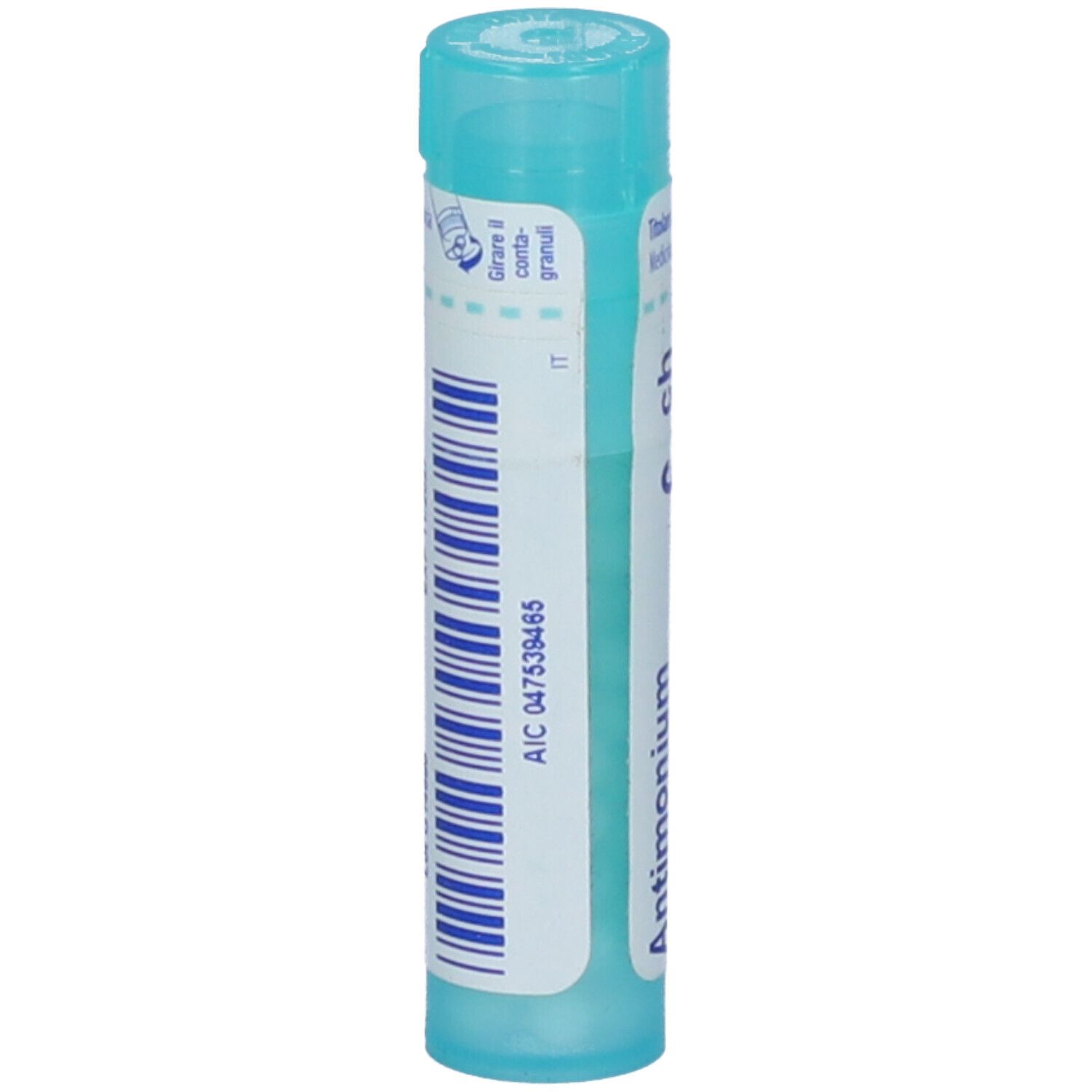 Tubo cilindrico blu. Scritta: Antimonium tartaricum 6 ch, BOIRON.