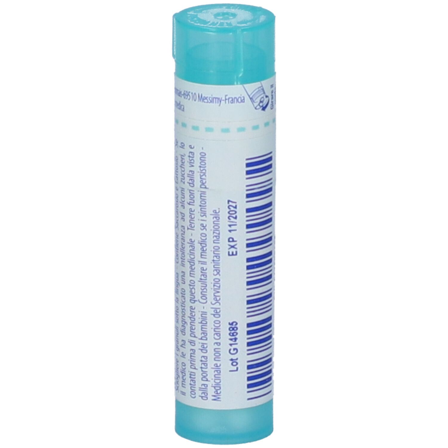 Tubo cilindrico blu. Scritta: Antimonium tartaricum 6 ch, BOIRON.