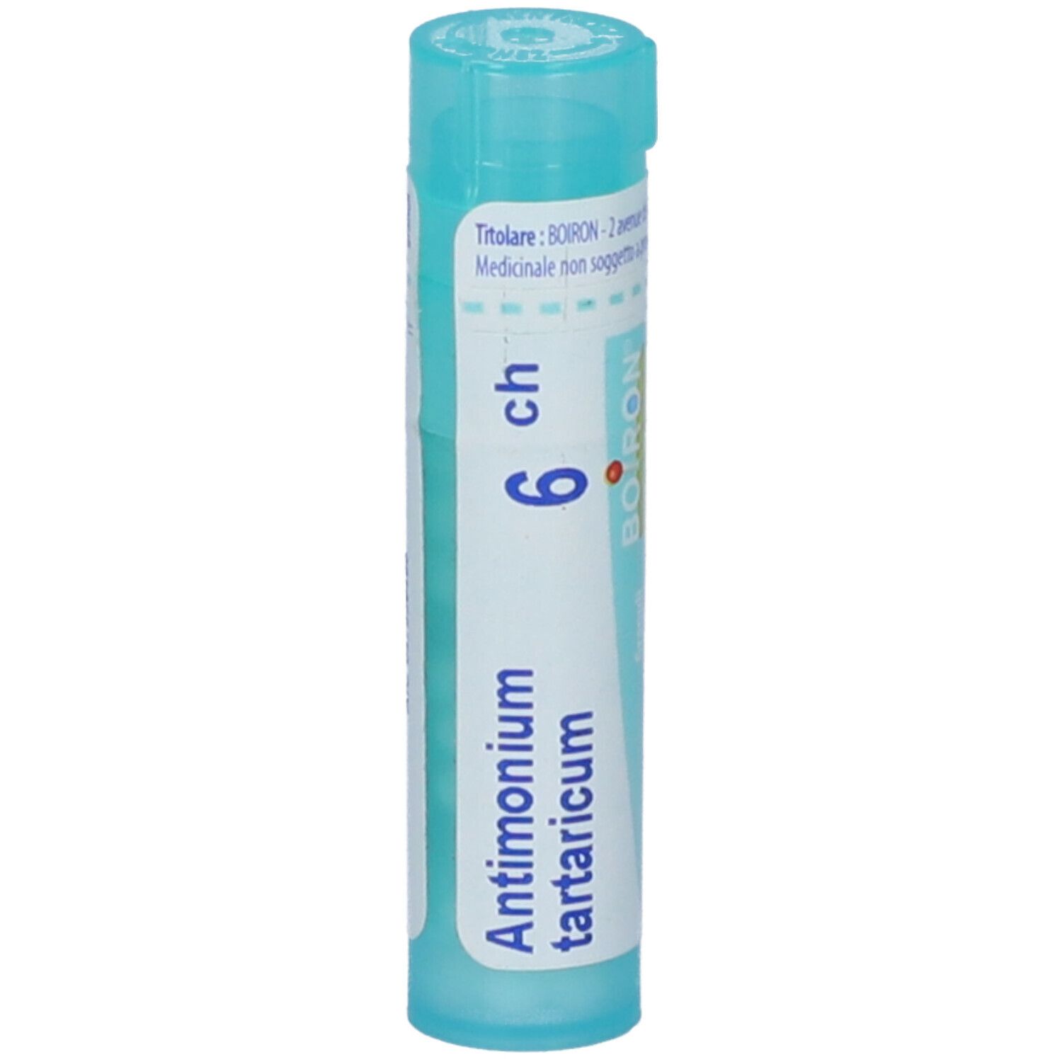 Tubo cilindrico blu. Scritta: Antimonium tartaricum 6 ch, BOIRON.