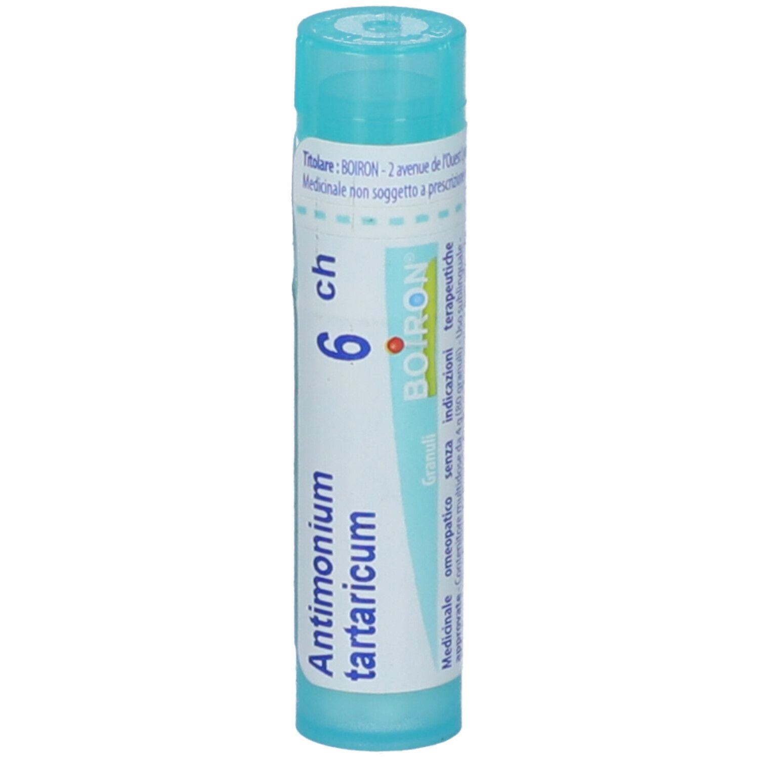 Tubo cilindrico blu. Scritta: Antimonium tartaricum 6 ch, BOIRON.
