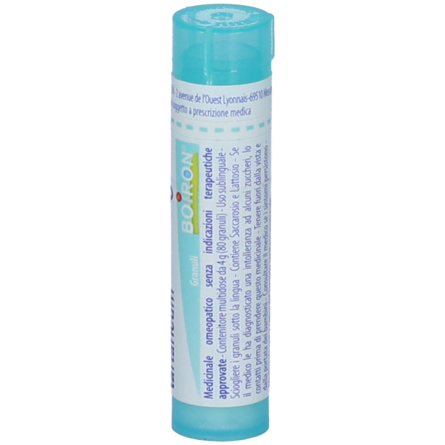 Tubo cilindrico blu. Scritta: Antimonium tartaricum 6 ch, BOIRON.