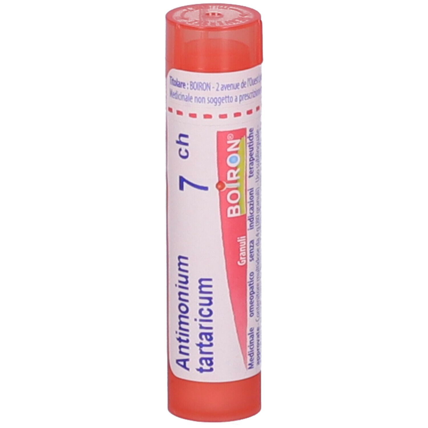 Confezione cilindrica rosa. Scritta: Antimonium tartaricum 7 ch, Boiron.