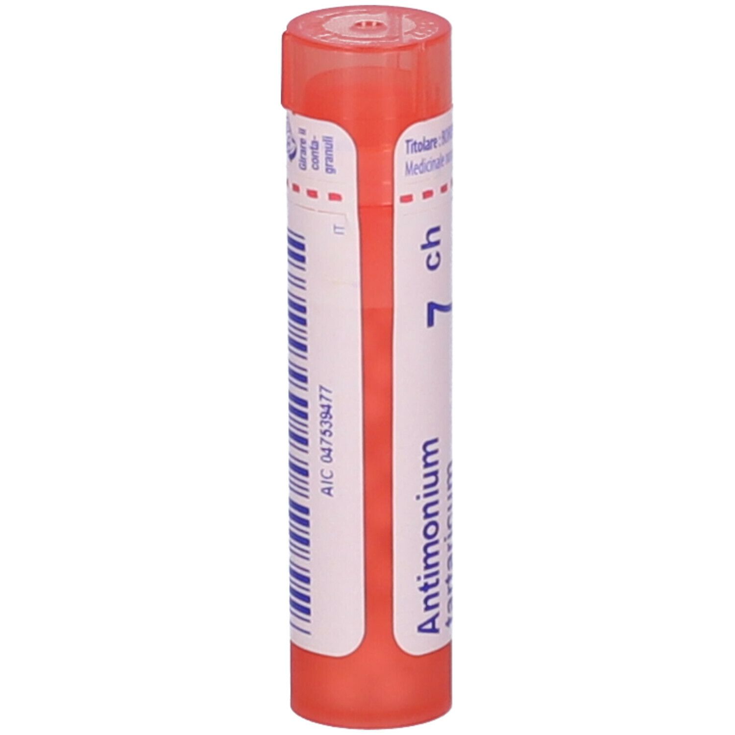 Confezione cilindrica rosa. Scritta: Antimonium 7 ch, Boiron. Codice AIC.