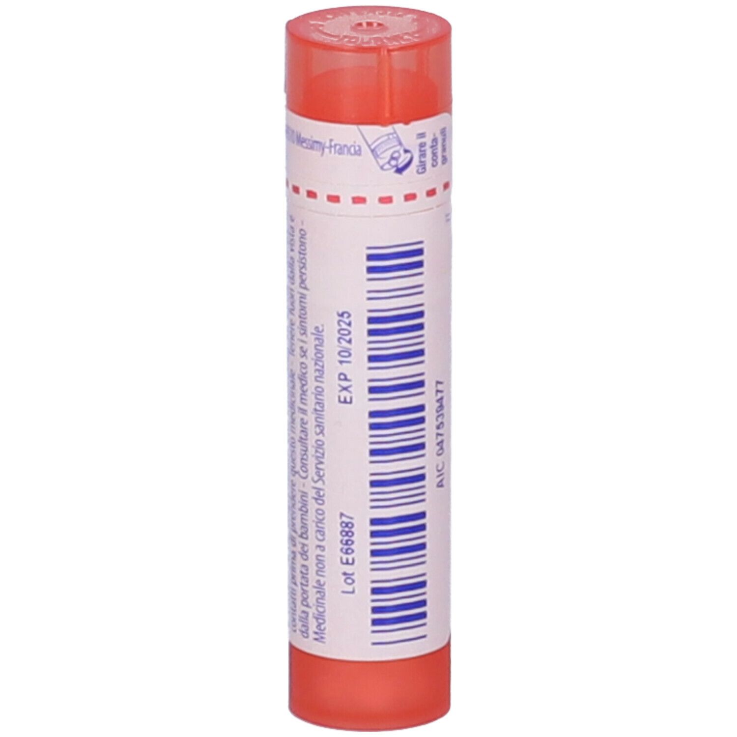 Confezione cilindrica rosa. Scritta: EXP 10/2025, Lot E68887. Codice AIC.