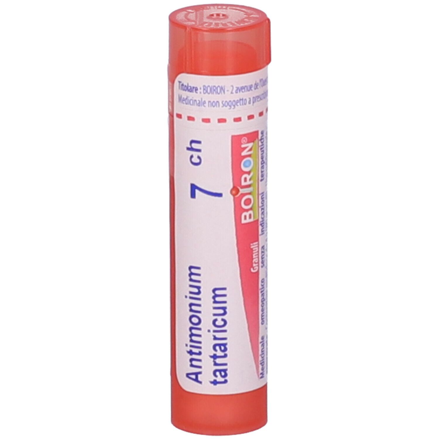 Confezione cilindrica rosa. Scritta: Antimonium tartaricum 7 ch, Boiron.