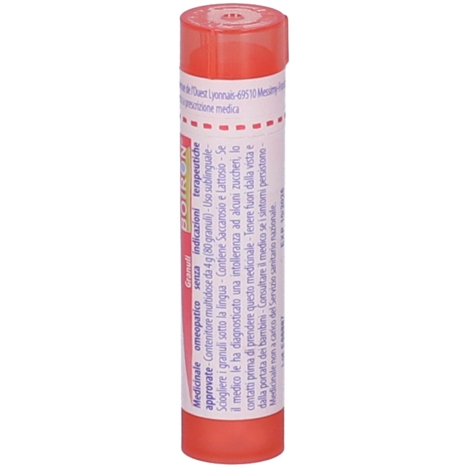 Confezione cilindrica rosa. Scritta: Granuli, Boiron, Medicinale omeopatico.