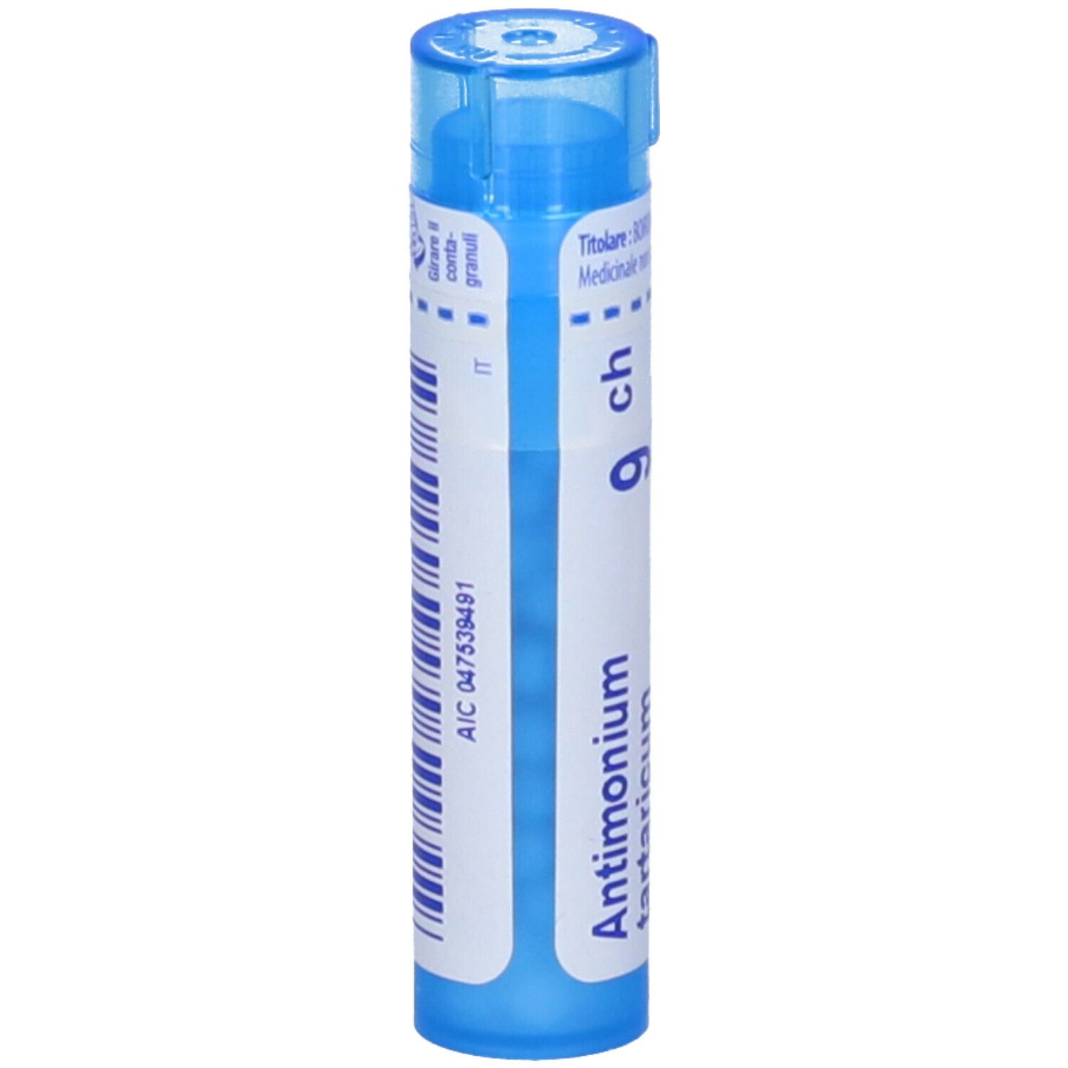 Flacone cilindrico blu con etichetta bianca. Scritta: Antimonium tartaricum 9 ch, BOIRON, Granuli.