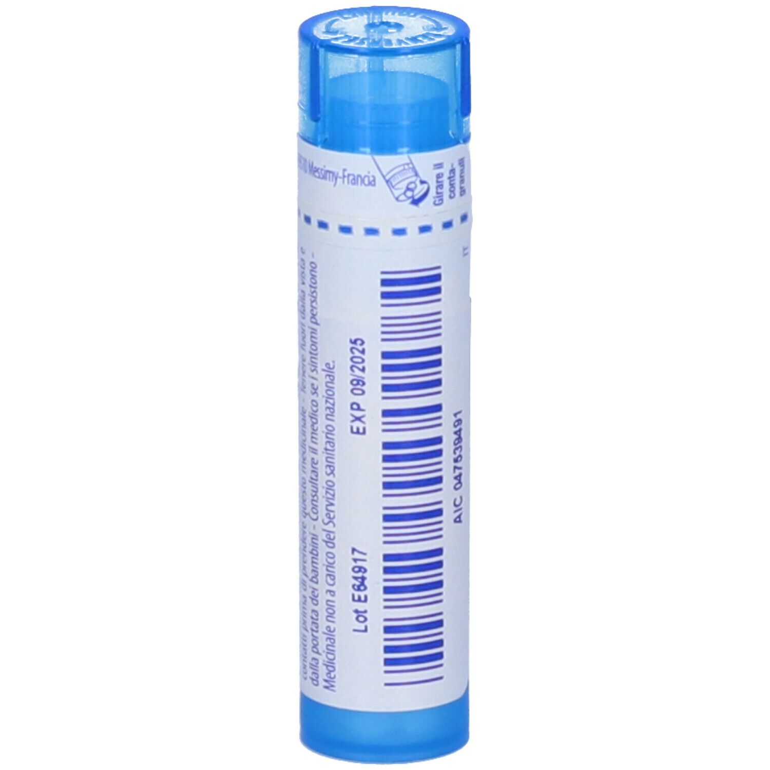 Flacone cilindrico blu con etichetta bianca. Scritta: Antimonium tartaricum 9 ch, BOIRON, Granuli.