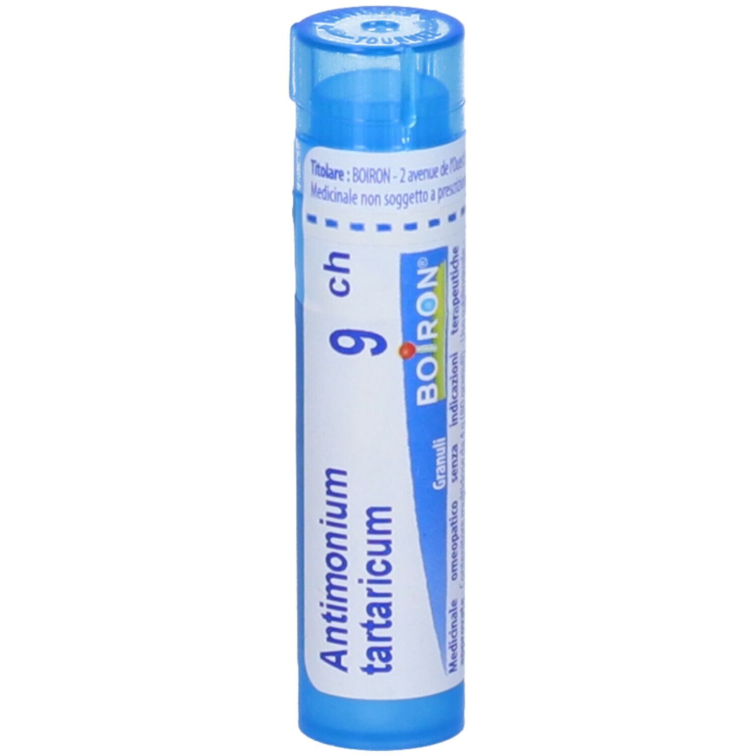 Flacone cilindrico blu con etichetta bianca. Scritta: Antimonium tartaricum 9 ch, BOIRON, Granuli.