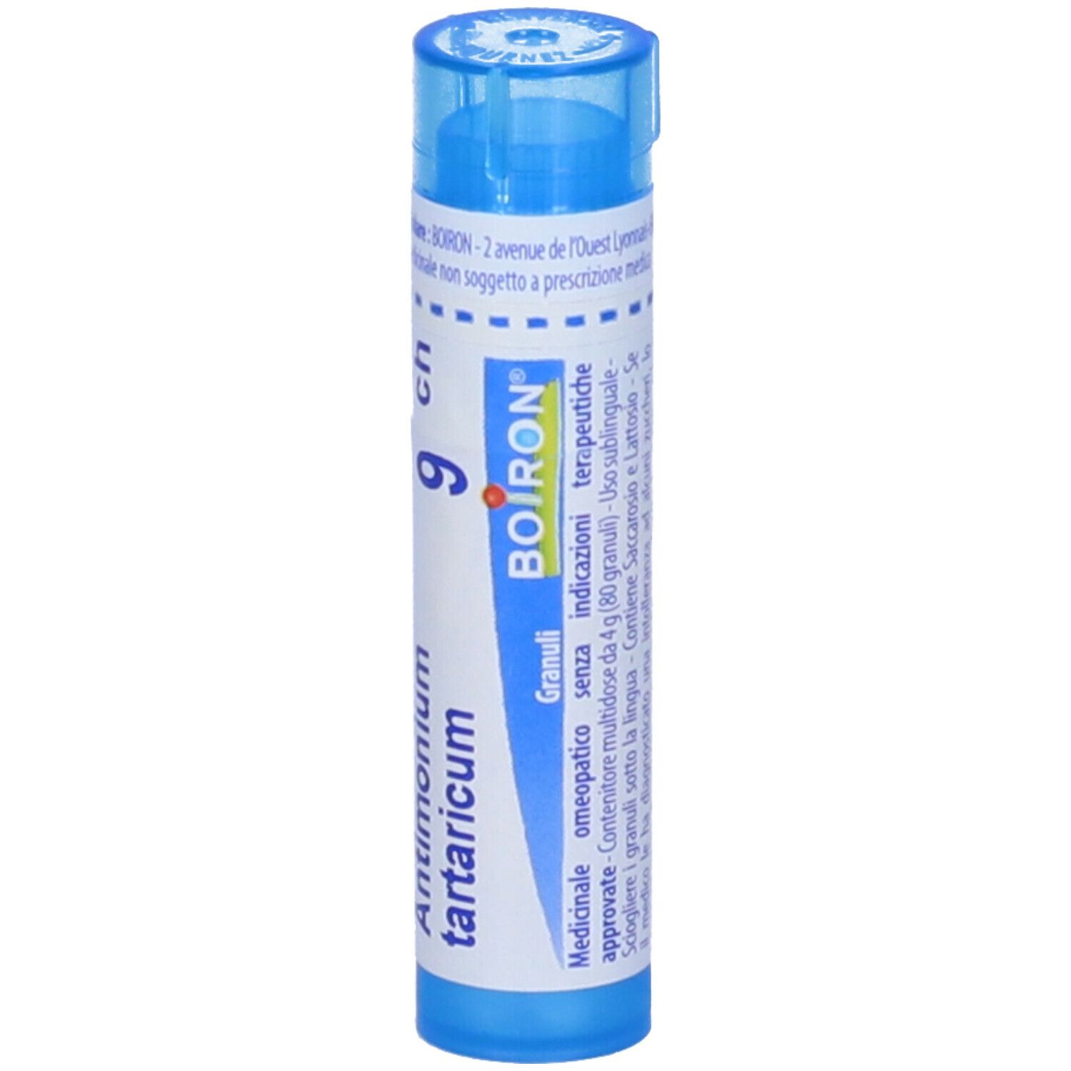 Flacone cilindrico blu con etichetta bianca. Scritta: Antimonium tartaricum 9 ch, BOIRON, Granuli.