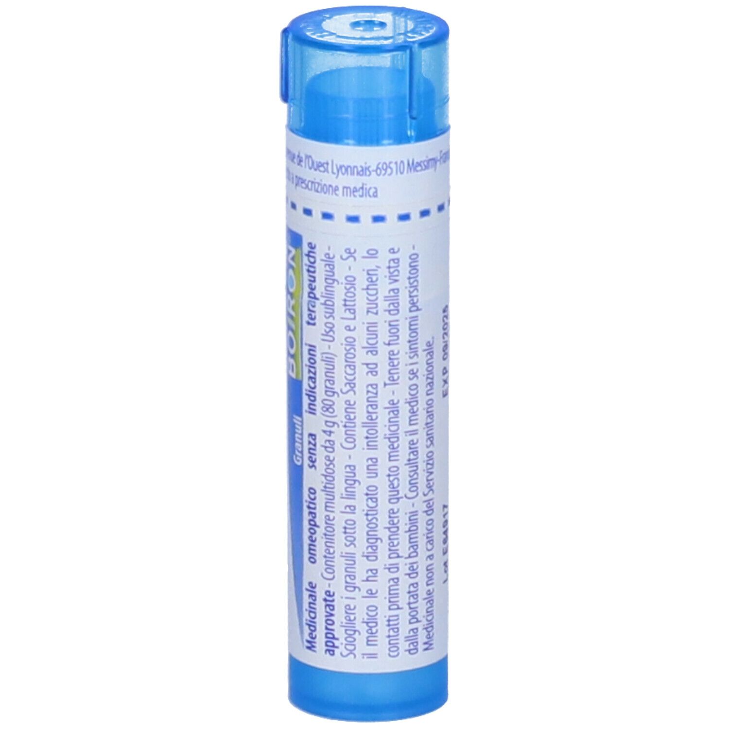 Flacone cilindrico blu con etichetta bianca. Scritta: Antimonium tartaricum 9 ch, BOIRON, Granuli.