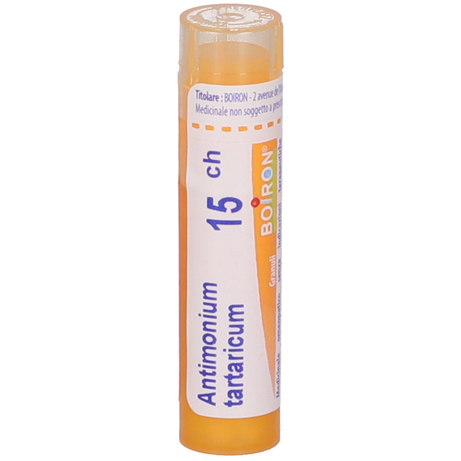 Tubo giallo con scritte bianche. Antimonium tartaricum 15 ch Granuli di Boiron.