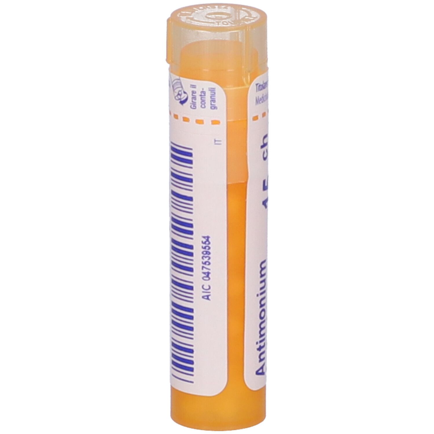 Tubo giallo con scritte bianche. Antimonium tartaricum 15 ch Granuli di Boiron.