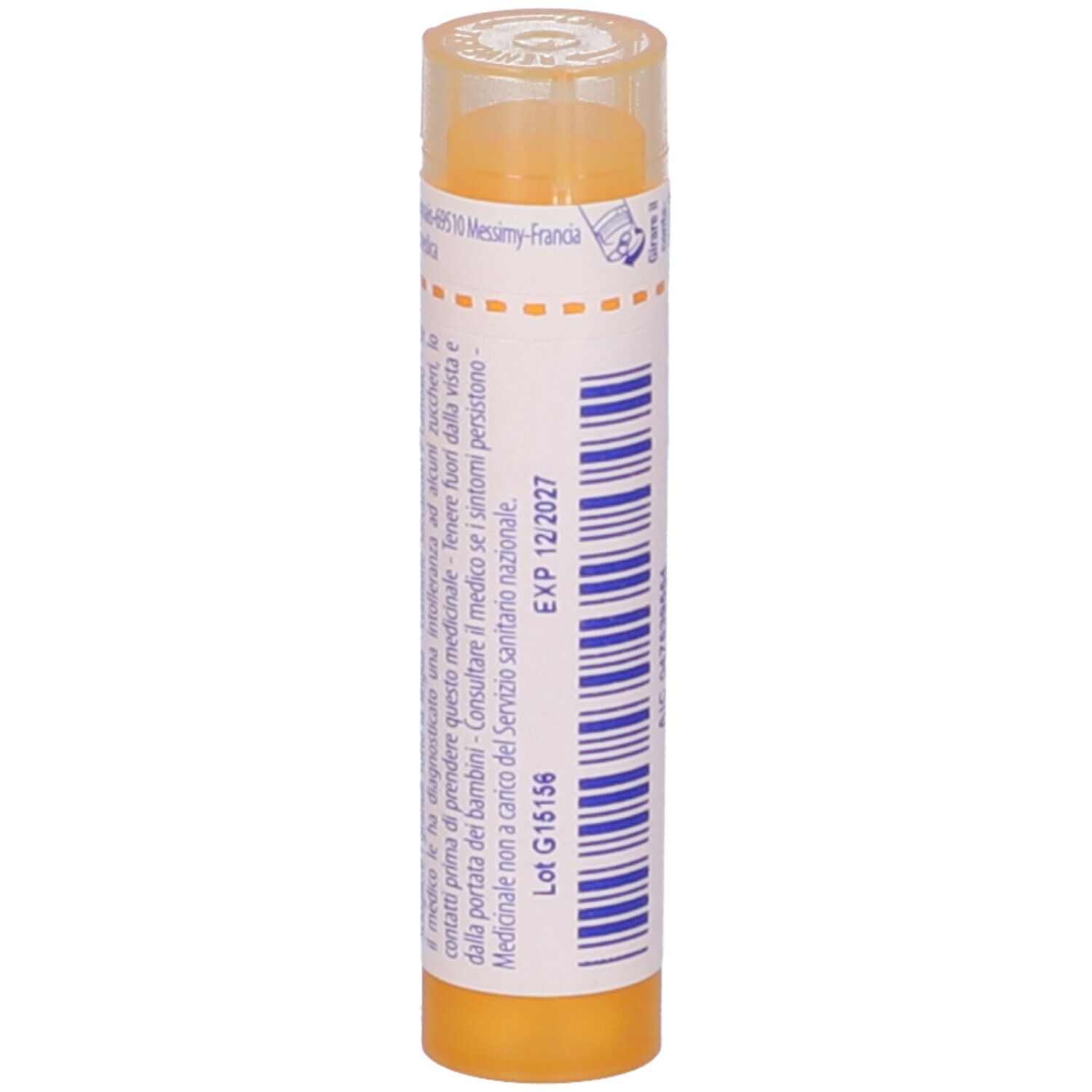Tubo giallo con scritte bianche. Antimonium tartaricum 15 ch Granuli di Boiron.