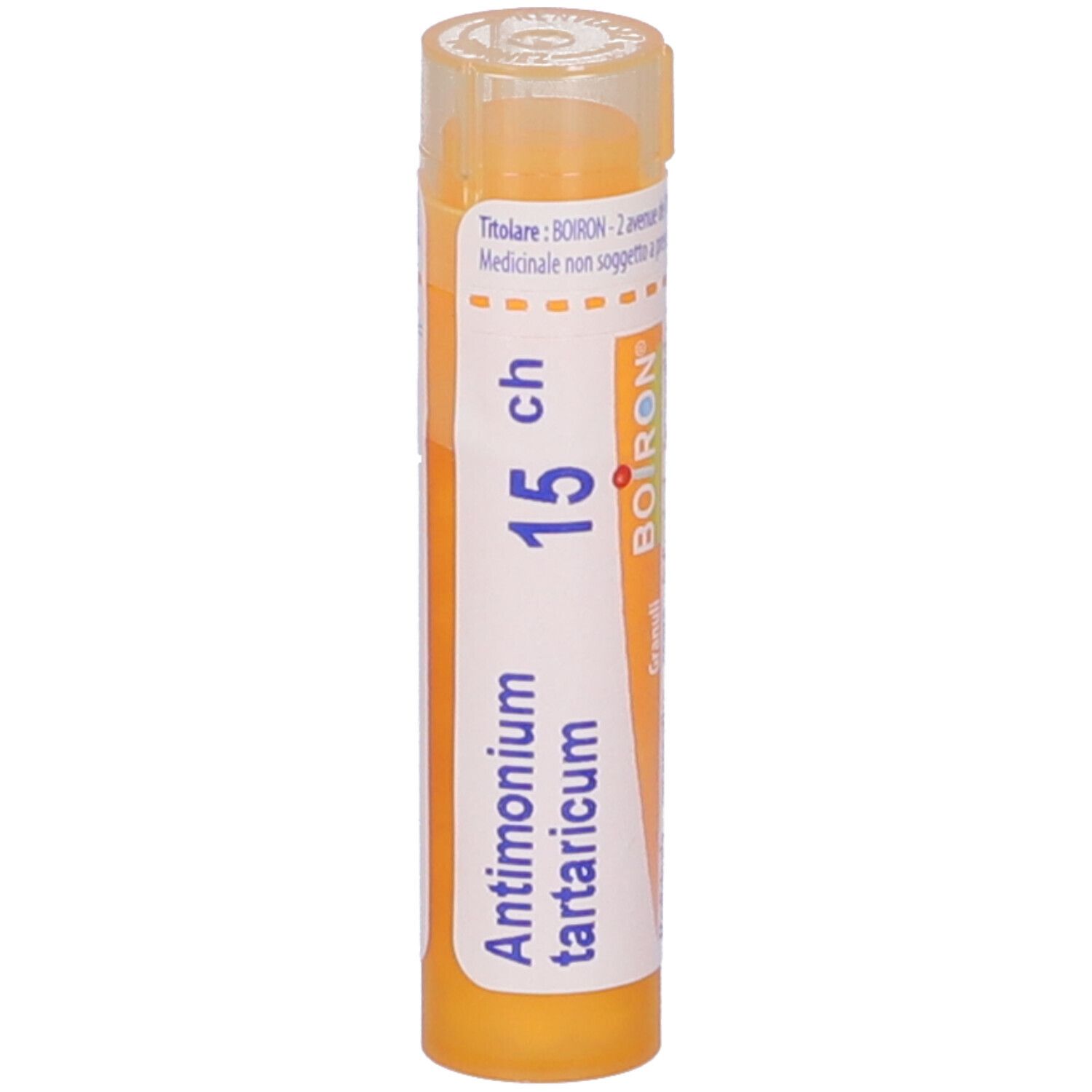 Tubo giallo con scritte bianche. Antimonium tartaricum 15 ch Granuli di Boiron.