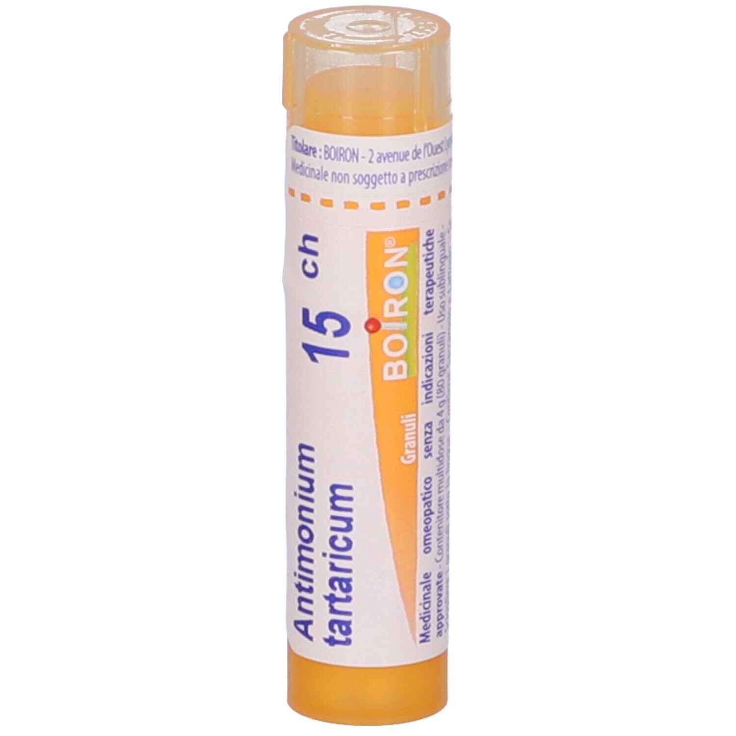 Tubo giallo con scritte bianche. Antimonium tartaricum 15 ch Granuli di Boiron.
