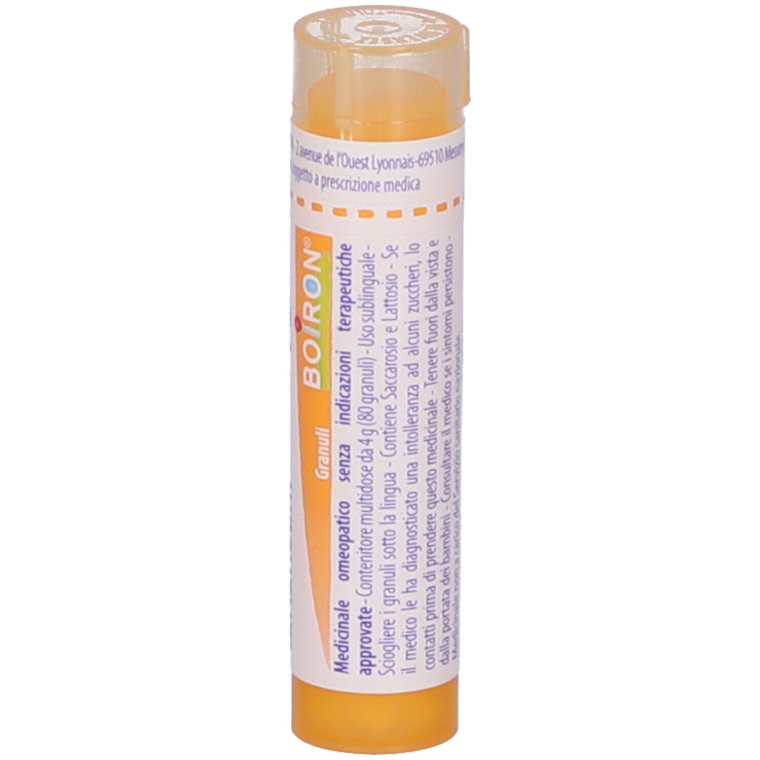 Tubo giallo con scritte bianche. Antimonium tartaricum 15 ch Granuli di Boiron.