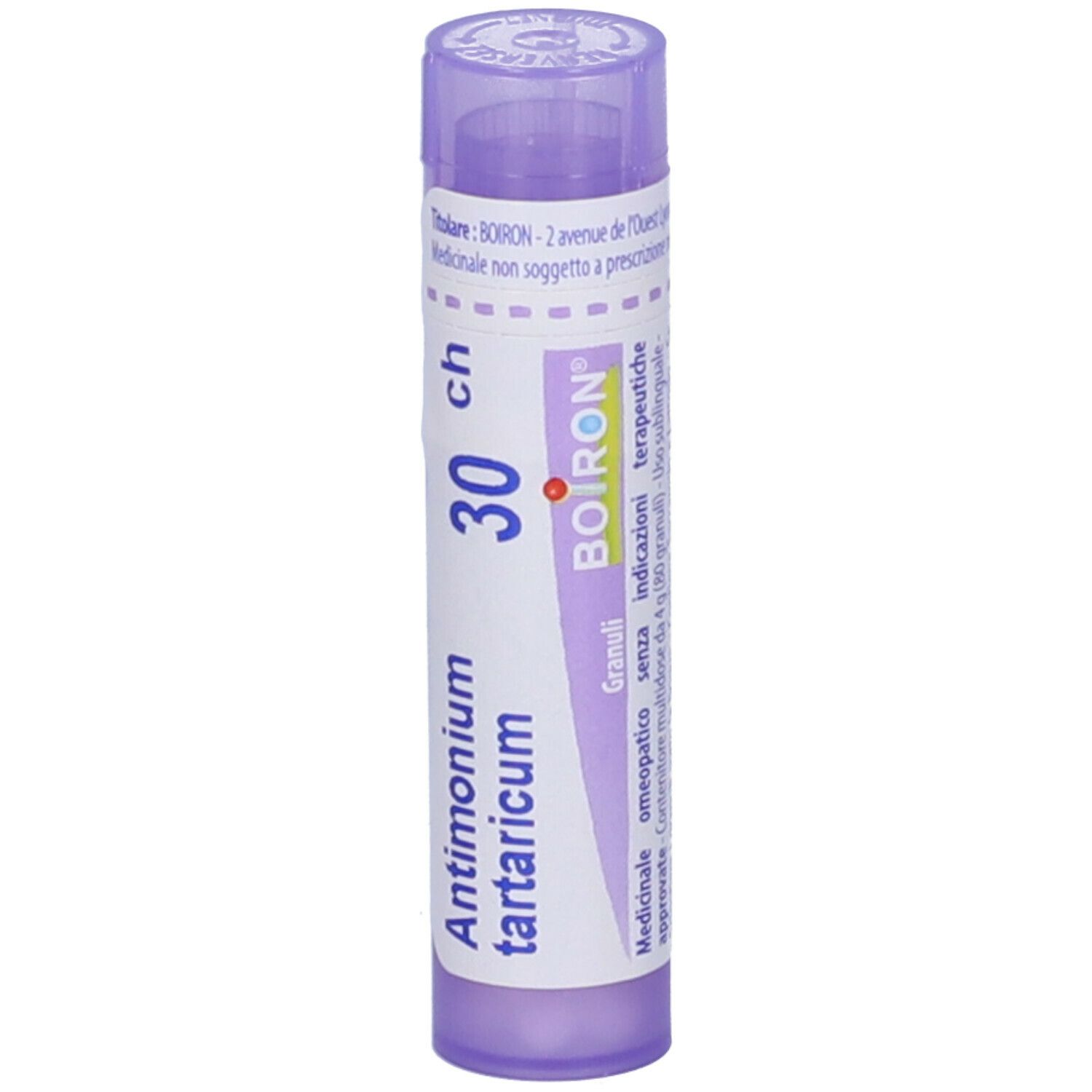 Confezione cilindrica con logo BOIRON®, Antimonium tartaricum 30 ch. Granuli. Coperchio viola.
