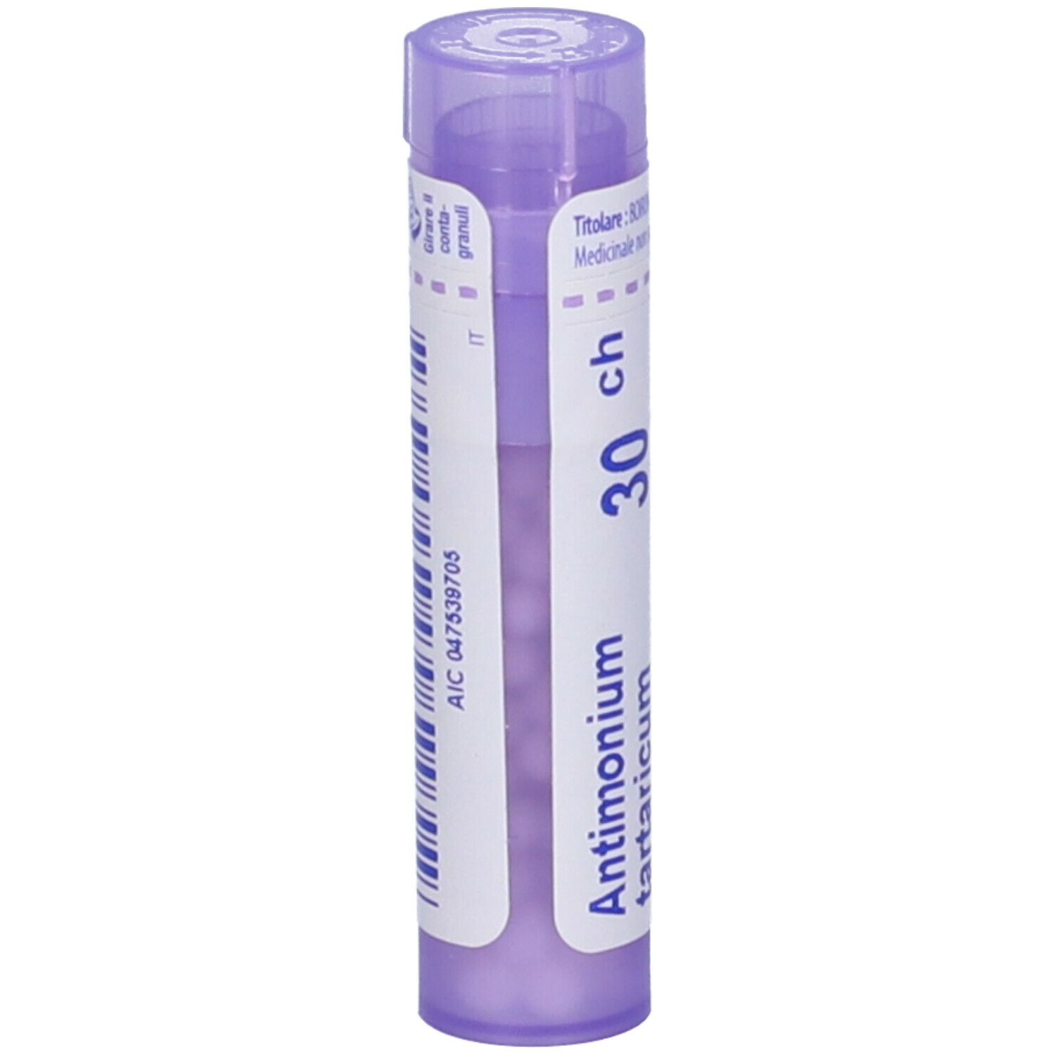 Confezione cilindrica con logo BOIRON®, Antimonium tartaricum 30 ch. Granuli. Con codice a barre.
