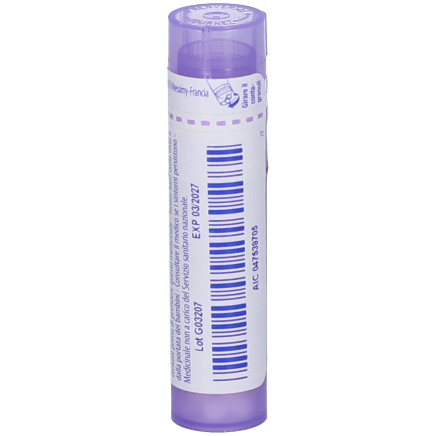 Confezione cilindrica con logo BOIRON®, Antimonium tartaricum 30 ch. Granuli. Con codice a barre e data di scadenza.