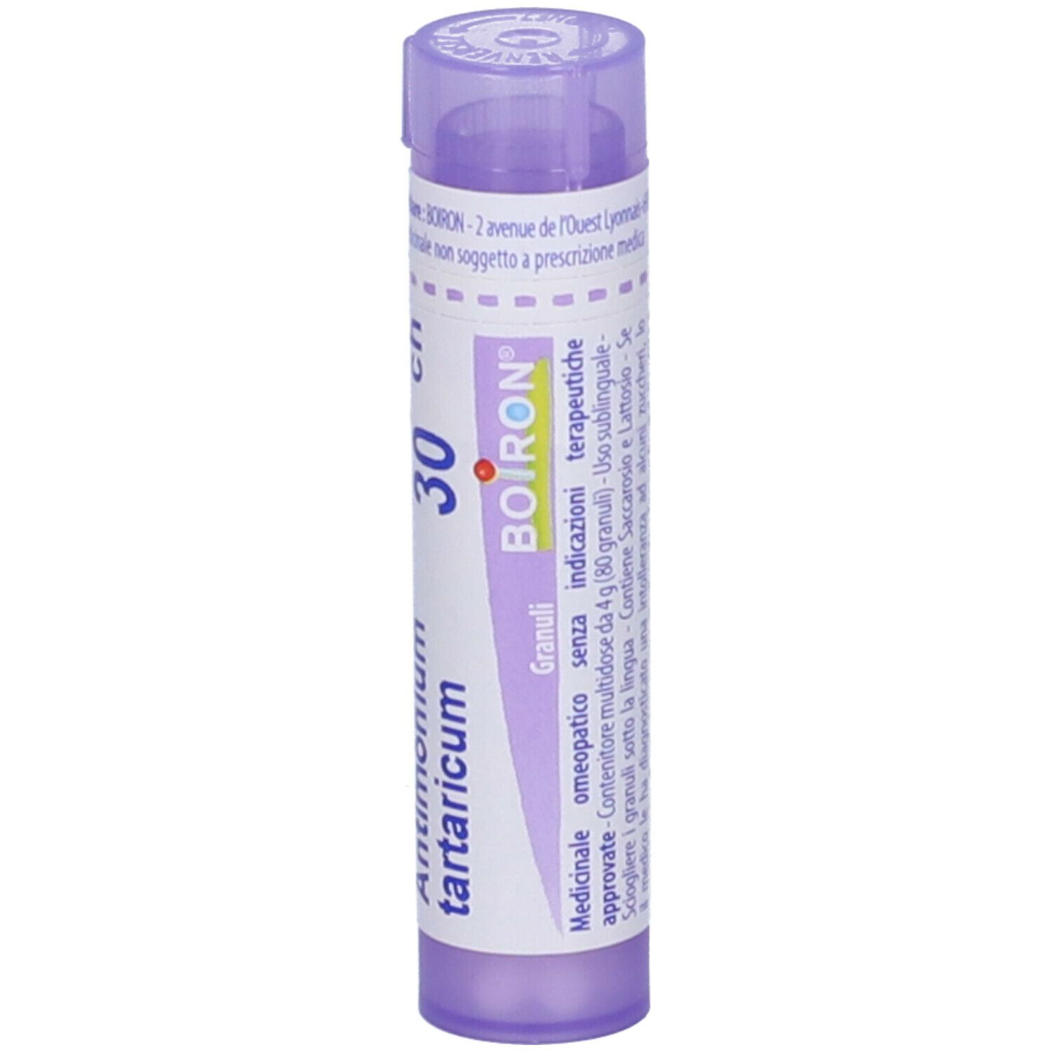 Confezione cilindrica con logo BOIRON®, Antimonium tartaricum 30 ch. Granuli. Con informazioni.