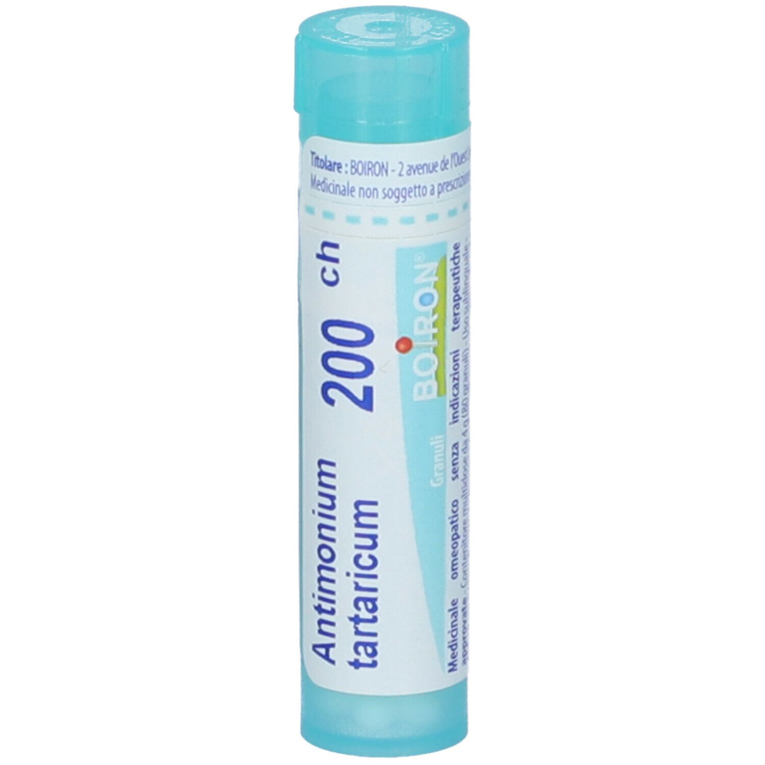 Confezione cilindrica blu. Scritta: Antimonium tartaricum 200 ch, BOIRON. Granuli. Tappo blu.