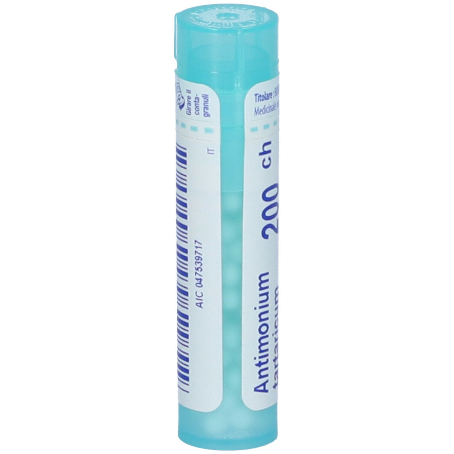 Confezione cilindrica blu. Scritta: Antimonium tartaricum 200 ch. Con codice a barre e identificativo IT.