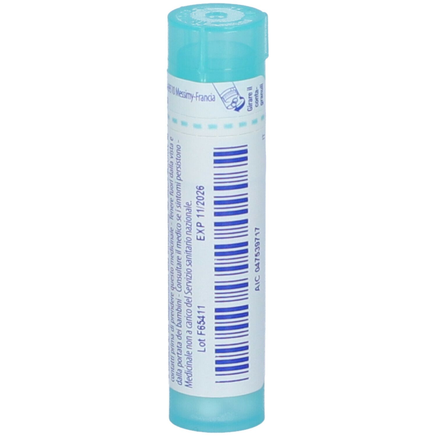 Confezione cilindrica blu. Scritta: Antimonium tartaricum 200 ch. Con data di scadenza 11/2026.