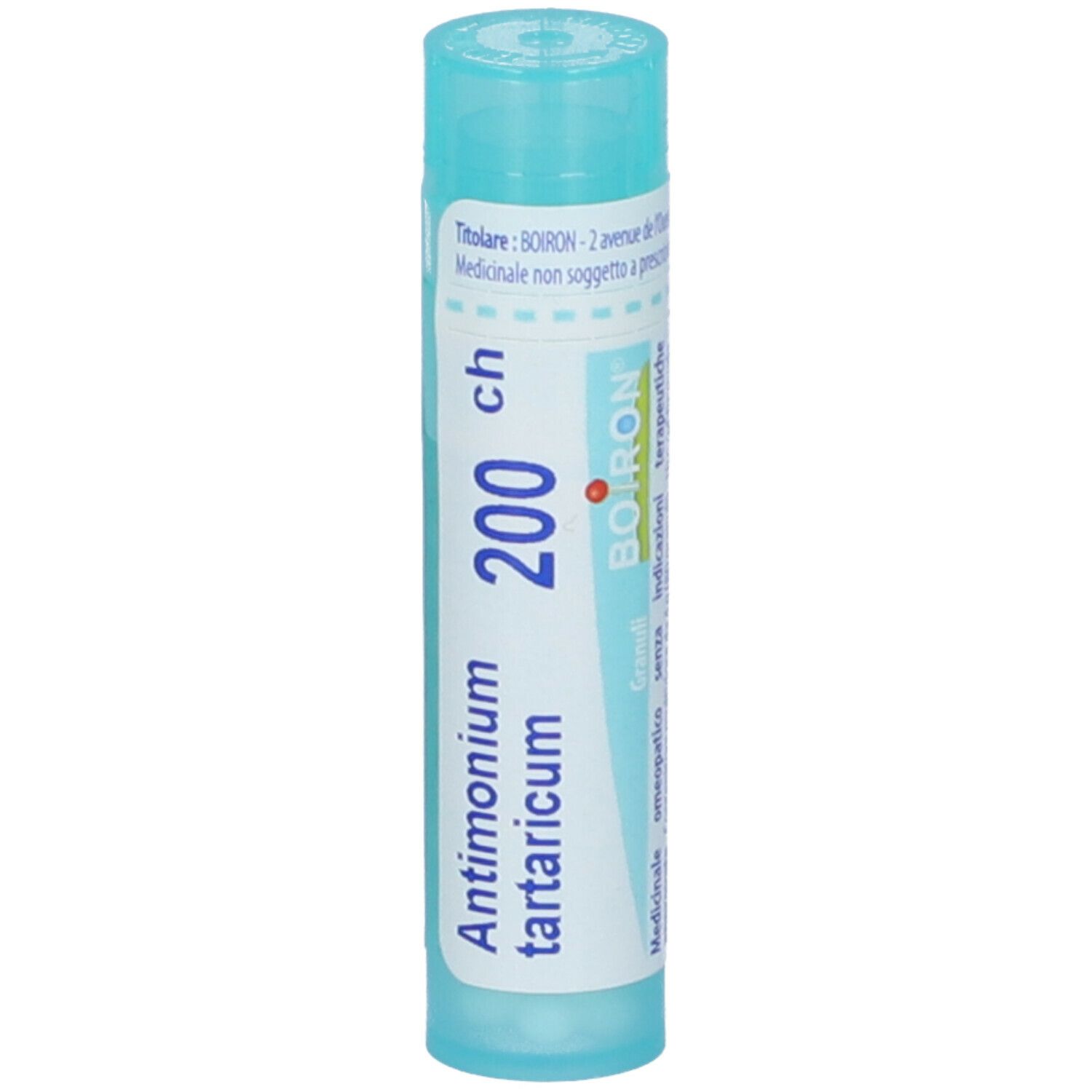 Confezione cilindrica blu. Scritta: Antimonium tartaricum 200 ch, BOIRON. Con punto rosso.