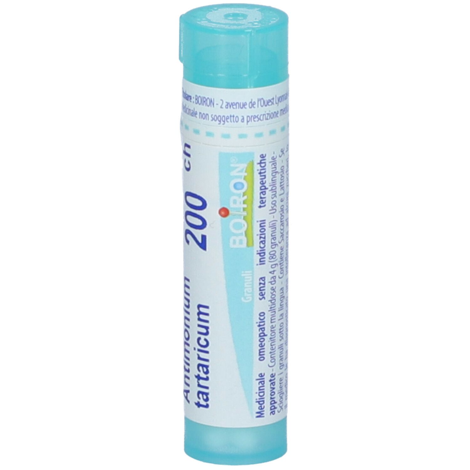 Confezione cilindrica blu. Scritta: Antimonium tartaricum 200 ch, BOIRON. Con indicazione Granuli.