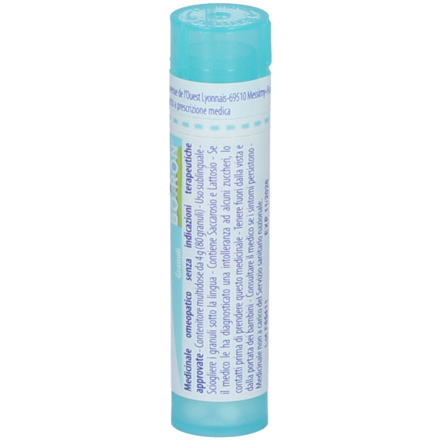 Confezione cilindrica blu. Scritta: Antimonium tartaricum 200 ch, BOIRON. Con istruzioni per l'uso.